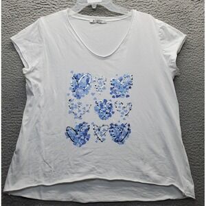 Femme Fatale T Shirt Top Womens  Large White Heart Print Short Sleeve High Low